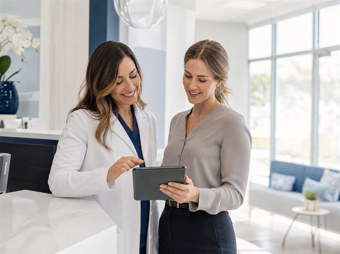 A dentist and office manager reviewing inventory together on a tablet