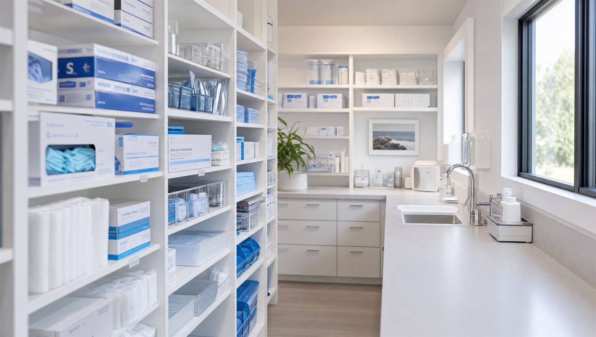 A bright, organized dental practice supply room