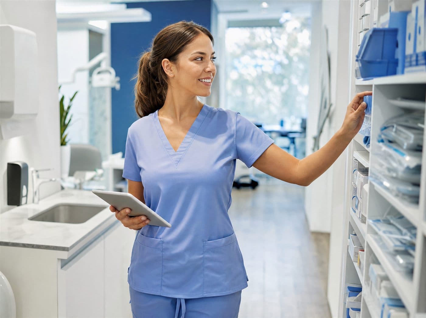 A dental assistant checking supplies with a tablet
